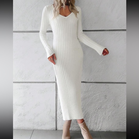 Classic Ribbed Knit Fitted V Neck Long Sleeve Dress Burgundy - Picture 12 of 16